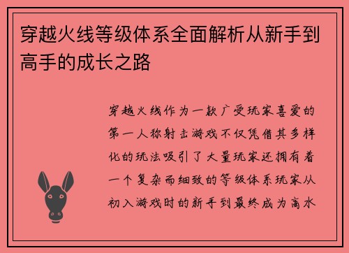 穿越火线等级体系全面解析从新手到高手的成长之路